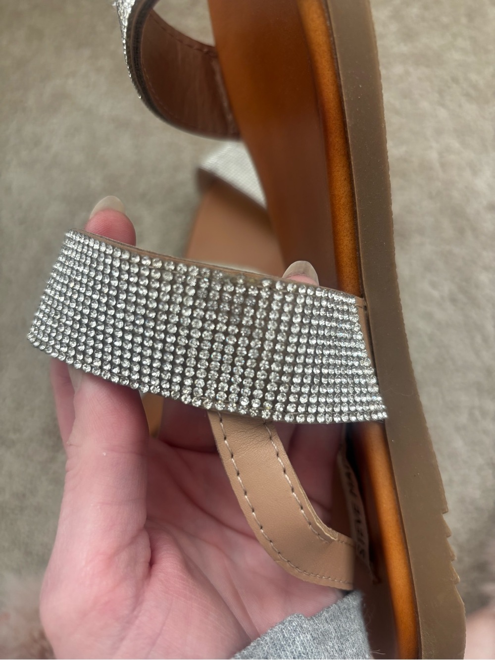 Steve Madden Rhinestone Two-Strap Tan Footbed Sandals - Picture 3 of 4